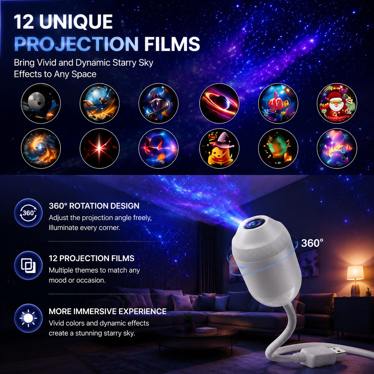 USB Starry Night Galaxy Projector & Soft LED Night Light
