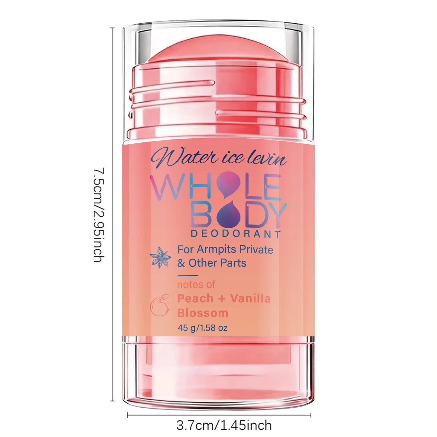 Water Ice Levin Whole Body Deodorant Stick Armpits Private Areas. Peach Vanilla Scent. Fresh Moisturizing. Long Lasting. 45g.