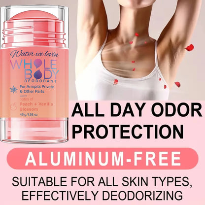 Water Ice Levin Whole Body Deodorant Stick Armpits Private Areas. Peach Vanilla Scent. Fresh Moisturizing. Long Lasting. 45g.