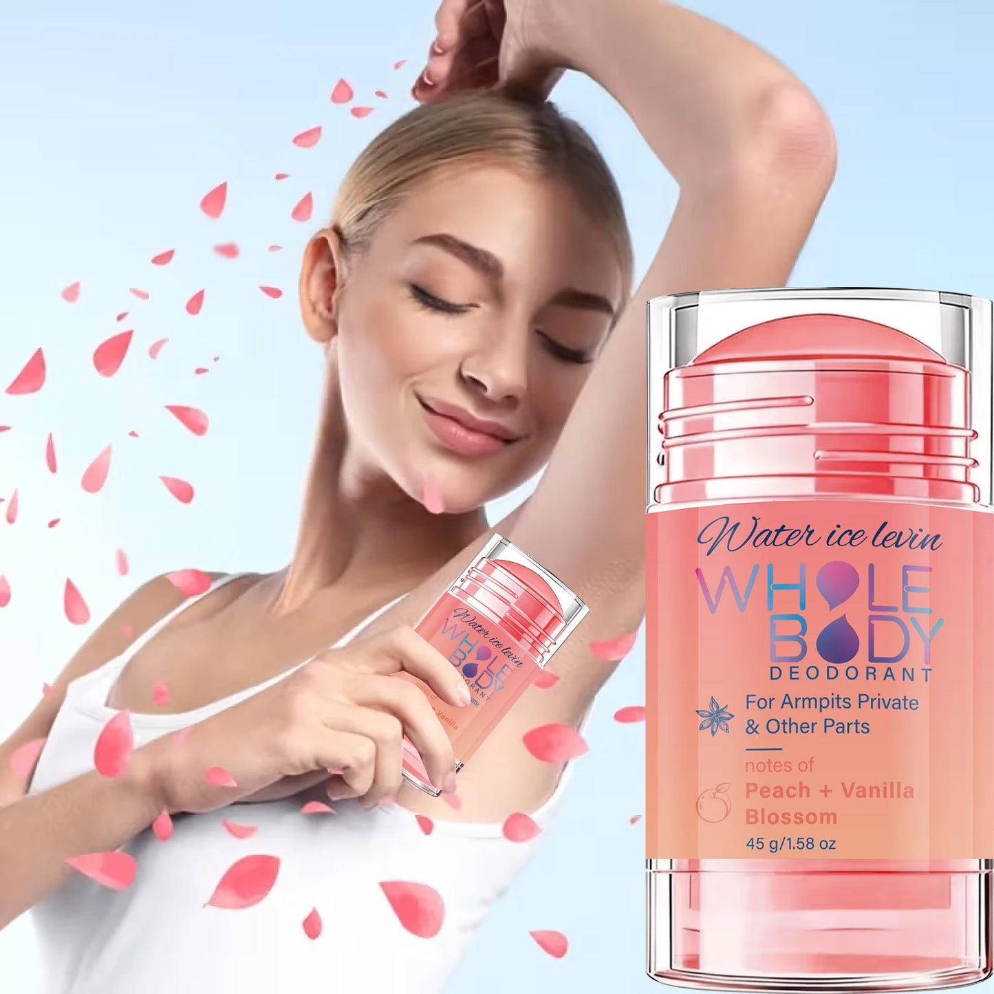Water Ice Levin Whole Body Deodorant Stick Armpits Private Areas. Peach Vanilla Scent. Fresh Moisturizing. Long Lasting. 45g.